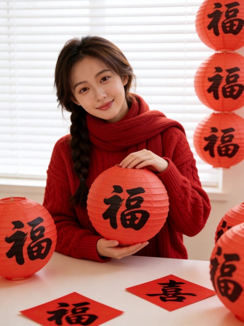 图示女生身穿红色粗线毛衣 + 同色系厚围巾，单手轻托一个写有黑色 “福” 字的红色纸灯笼，另一只手自然搭在灯笼旁，面部放松看向镜头场景设定：明亮室内环境（背景可见白色百叶窗），周围点缀多个同款 “福”预览效果