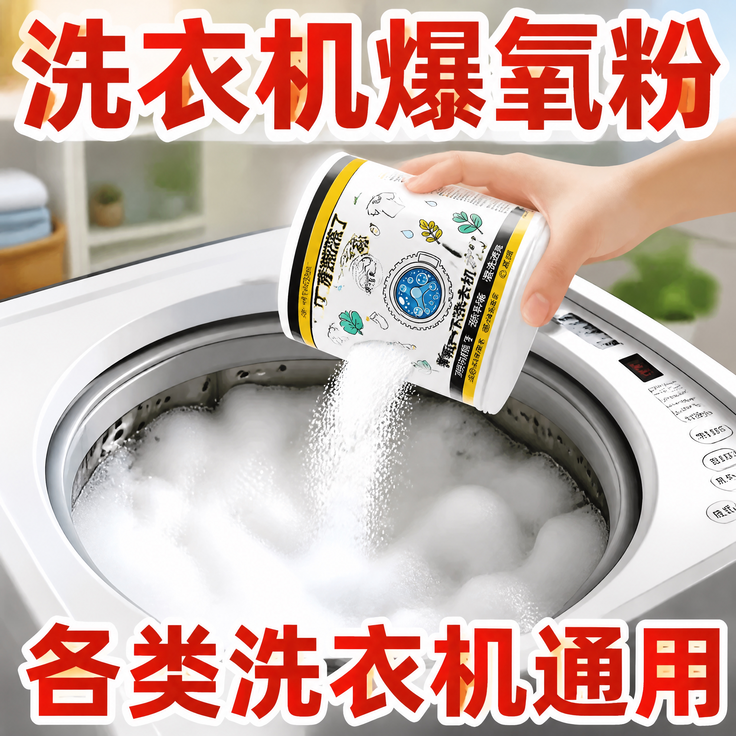 拼多多风格大字报洗衣机爆氧粉主图，画面主体为一只手将白色罐装洗… - 图片创意预览