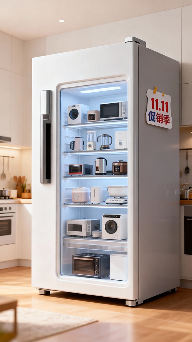 现代感与科技感融合的3D微缩艺术风冰箱，玻璃门内陈列家电，简约主义设计，11.11促销季主题贴纸点睛。