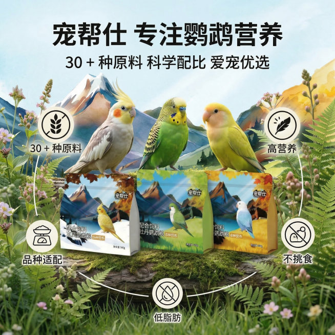 严格还原上传的产品图，包括三款宠帮仕鹦鹉粮包装设计、颜色、LOGO位置、文字内容、图案元素等所有细节；主标题"宠帮仕 专注鹦鹉营养"，副标题"30 + 种原料 科学配比 爱宠优选"；画面中心展示三款宠预览效果