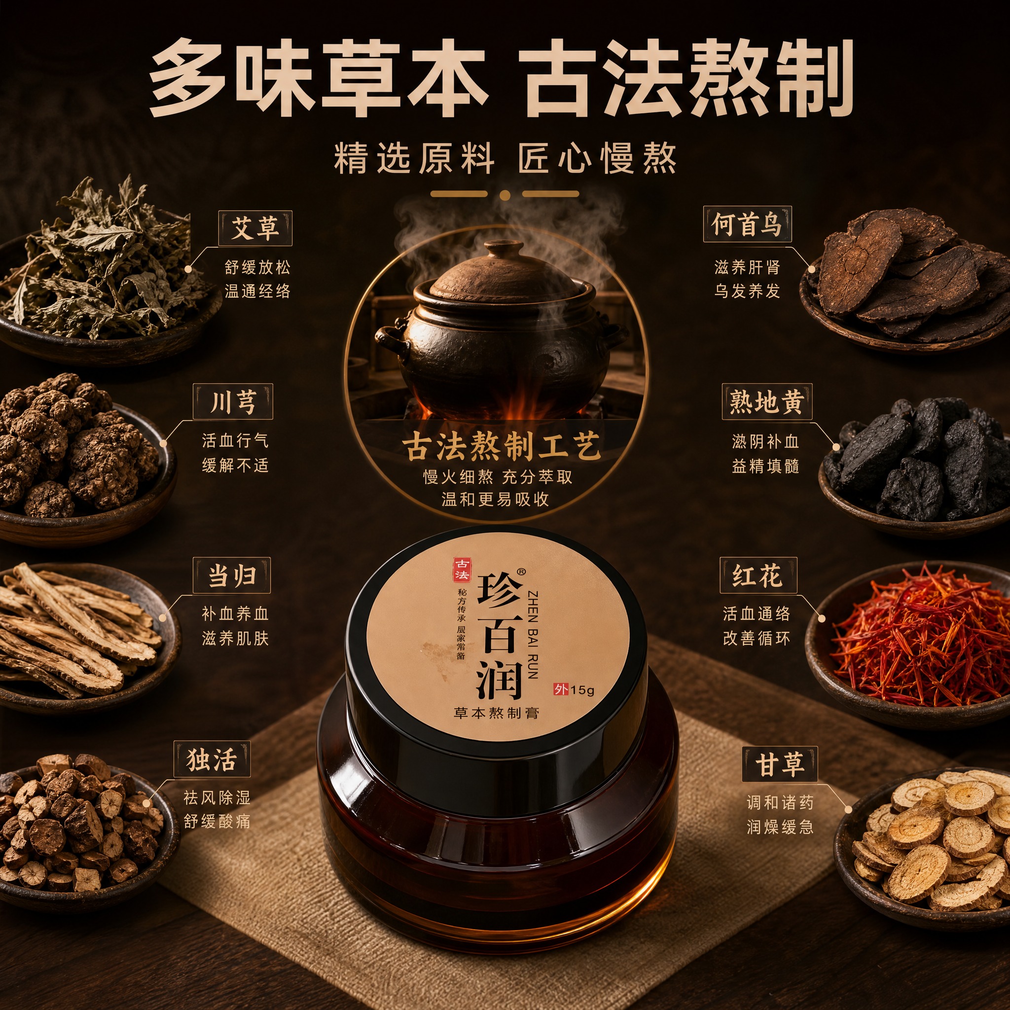 [主图-2] 核心功效与成分解析，突出多种草本萃取和古法熬制工… - 图片创意预览