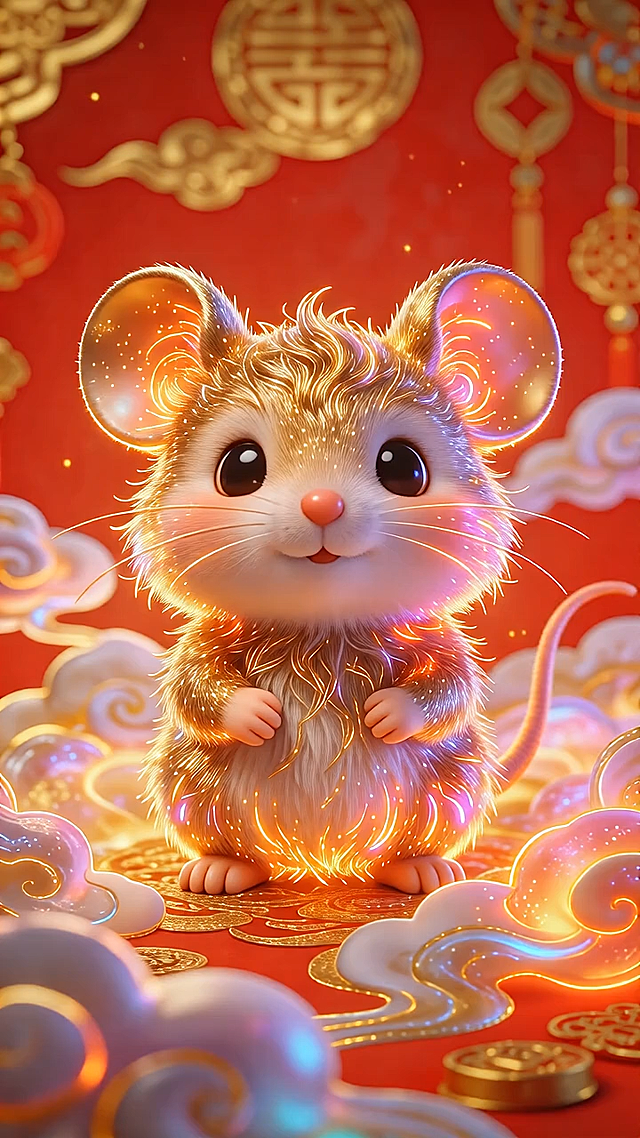 3D卡通萌鼠拟人化设计，毛发鎏金闪耀，喜庆红金背景点缀祥云与福字，充满春节氛围。