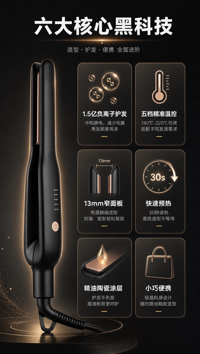 [商品] 使用【图5】黑色直卷两用电烫发板闭合状态正面视角；保… - 图片创意预览