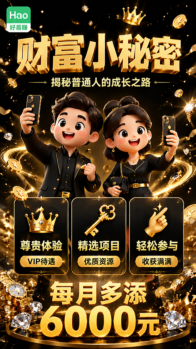 在保持当前黑金奢华3D Q版风格和人物形象完全不变的基础上，做以下修改：

1. 左上角添加好易赚logo：绿色圆角方形背景，白色H字母+ao，下方白色圆角框内绿色"好易赚"三个字，logo大小适中，位置在左上角，清晰可见
2. 主标题改为："财富小秘密"
3. 副标题改为："揭秘普通人的成长之路"
4. 三张卡片文字改为：
  卡片1："尊贵体验" + "VIP待遇"
  卡片2："精选项目" + "优质资源"
  卡片3："轻松参与" + "收获满满"
5. 底部大标题改为："每月多添6000元"，金色立体字，数字"6000"精确不变
6. 避免使用"赚/赚钱/提现/收益/月入/财富密码/逆袭/点石成金/变现"等敏感词，用更温和的表达
7. 人物和装饰元素保持不变，黑金配色保持

数字精确锁定："6000元"。所有数字必须精确渲染。无二维码。版式精美，文字间距舒适。