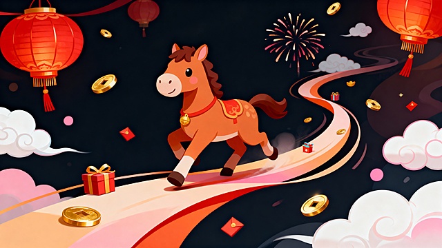 国潮风插画，拟人化小马奔跑于祥云红绸之上，融合剪纸元素与卡通感，喜庆灯笼、烟花与金元宝点缀，营造浓郁春节氛围。