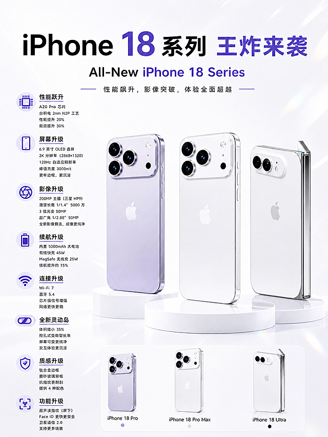 将海报中最右侧的iPhone 18 Ultra（深灰色直板手机）产品图，以及底部小图中最右侧的iPhone 18 Ultra小图，都替换为image4中的白色折叠屏iPhone样式，保持原海报的瓷白色背景、冰白镭射光晕、白色圆形展台、所有文字排版、左侧图标介绍和整体科技风格不变，替换后的折叠手机大小、角度、光影与原位置协调匹配，画面明亮通透，精致规整