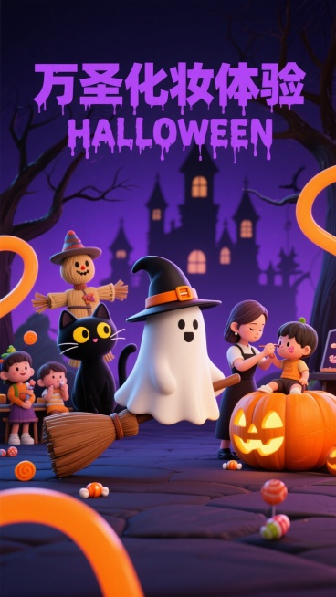 深紫色调的万圣节夜晚背景，朦胧的哥特式城堡剪影与枯树轮廓，画面中心是一只造型软萌的白色幽灵，头戴带有橙色腰带扣的黑色巫师帽，坐在棕色扫帚上，扫帚后面装着一只搞怪圣诞稻草人，扫帚左侧有一只黑毛黄眼的卡通预览效果