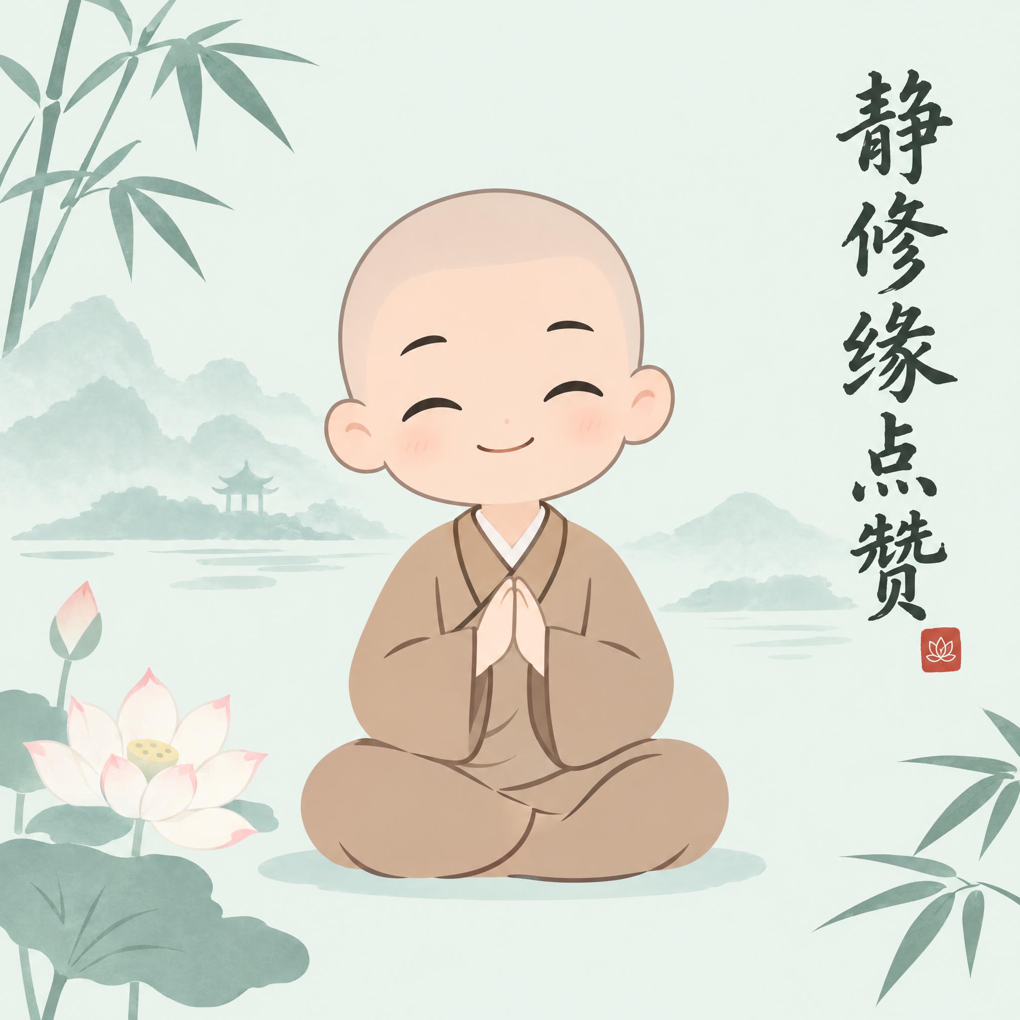 禅意风格Q版表情包第5帧，男版小和尚，光头，穿浅棕色僧袍，盘腿… - 图片创意预览