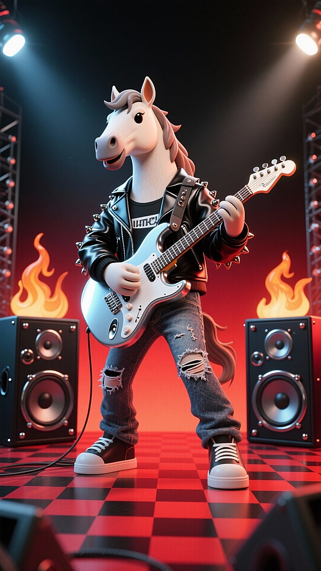 拟人马穿黑皮夹克 + 破洞牛仔，持亮银电吉他狂扫和弦，高饱和黑红渐变背景，缀金属铆钉装饰与火焰特效，两侧立黑银朋克音箱，底部铺红黑格子舞台地胶