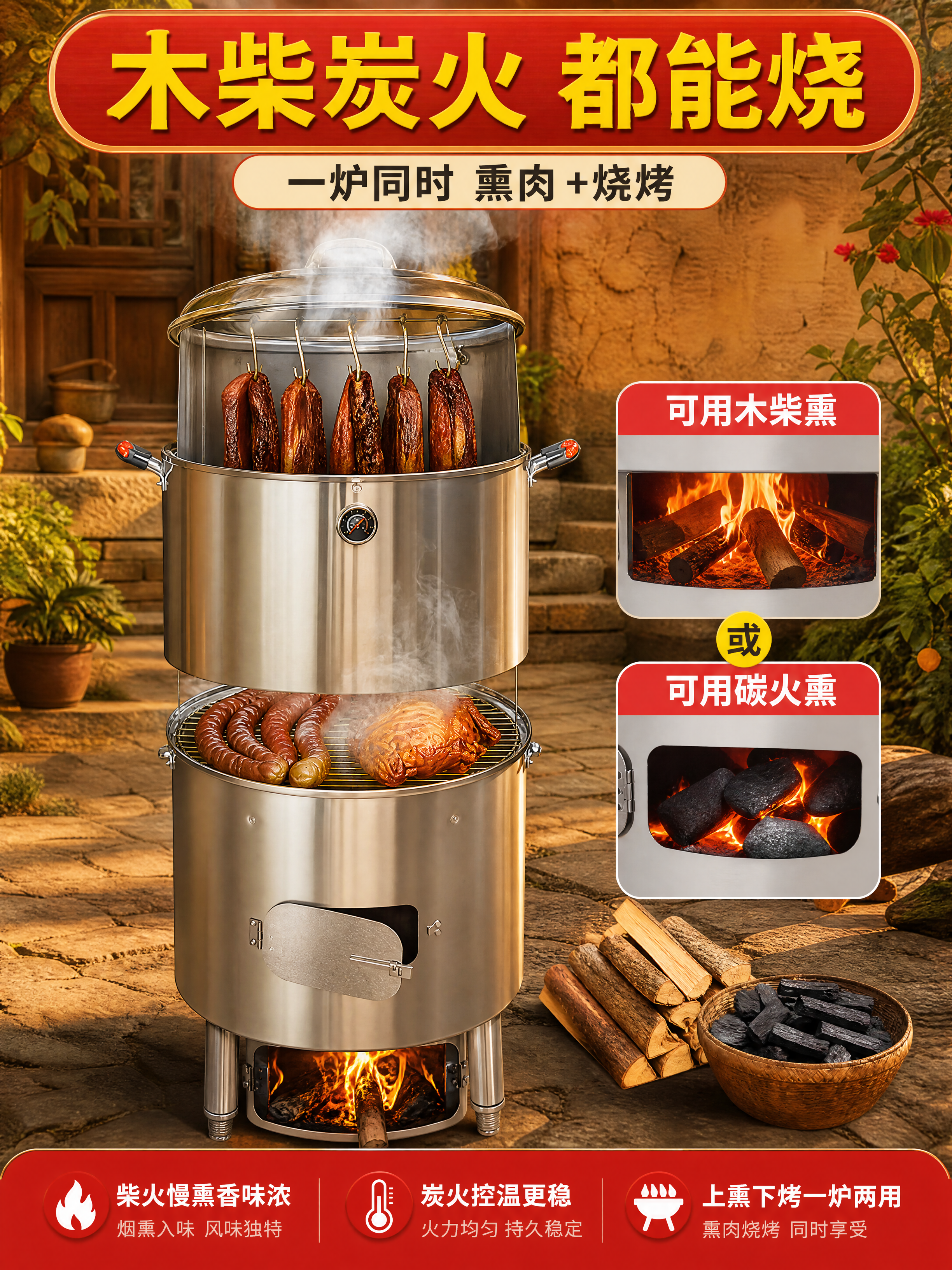 [商品] 使用图2（庭院场景，木柴与炭火两种燃料）和图4（双层… - 图片创意预览