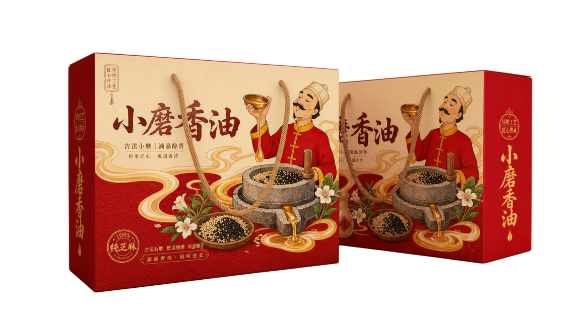 将礼盒上的内容改为小磨香油，保留原图国潮插画风格、红色米色中式配色，调整插画和文字适配小磨香油产品，生成香油礼盒包装设计预览效果