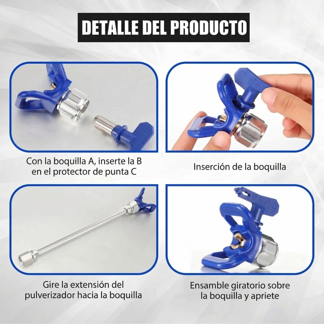 基于原图，保留安装步骤图示、蓝框布局和整体风格，将所有英文替换为西班牙语：PRODUCT DETAIL → DETALLE DEL PRODUCTO；Using a nozzie A put the预览效果