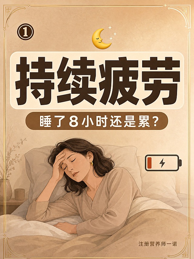 小红书笔记大字封面，插图大字，ins清新高级小资风，版式精美，小红书笔记封面质感，适合信息流点击，面向40岁以上成熟女性审美，高级感、精致、专业、有感染力。主标题必须完整呈现且为画面视觉中心，逐字锁定：「持续疲劳」。主标题字号占画面约45%视觉权重，清晰可读，不得增删改字。副标题：「睡了8小时还是累？」。装饰角标：左上角圆形徽章内写「①」，右下角小字「注册营养师一诺」。背景：奶茶色与浅棕褐色的高级渐变弥散背景，带细腻肌理质感，莫兰迪低饱和色调。标题排版：扁平粗黑体深棕色字，关键词加米白色色块底框，采用插图大字L02策略。插画：画面中部偏下有一位优雅成熟女性插画，侧卧在床上，手抚额头，表情疲惫，旁边有一个低电量电池图标，整体扁平插画风格，色调统一不抢标题。装饰：1个月亮emoji贴纸置于标题上方；加细金线边框和角落装饰线，提升高级感。整体氛围：精致小资、专业可信、温柔关怀。画质：高清细腻，信息层级清晰，主标题与背景强对比，文字完整处于安全区内不可裁切，四周留安全边距。画面比例3:4，4K。