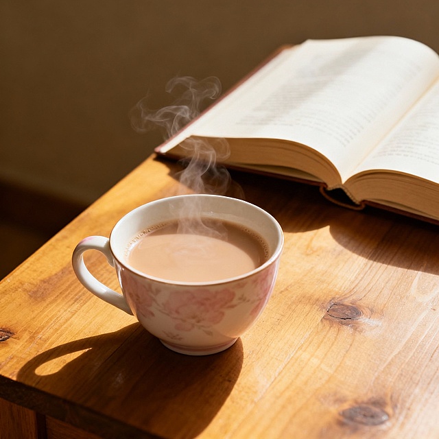 一杯冒着热气的奶茶，放在一张木质书桌上，旁边有一本打开的书，整体氛围温馨、安静