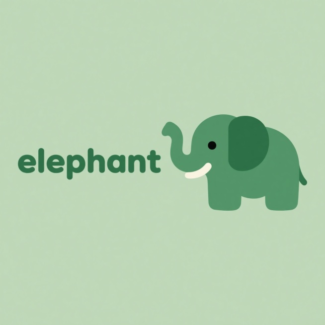 简约标志设计，浅绿色背景，左侧是“elephant”文字商标，字体圆润可爱，颜色与背景协调。右侧是一个风格化的绿色小象图案，大象造型简洁，卷起的鼻子向上，整体设计清新、现代预览效果