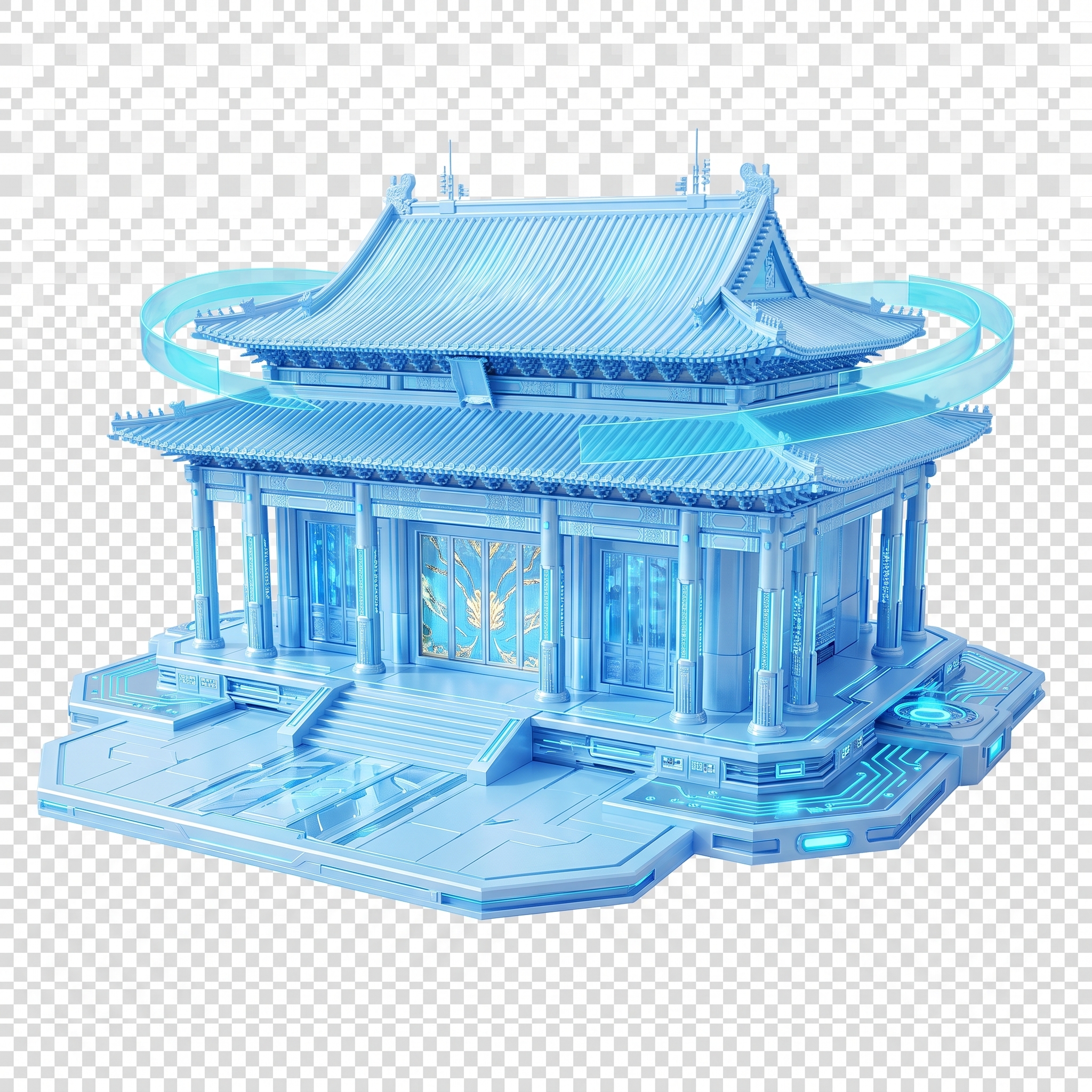 3D C4D风格，淡蓝色科技质感的沈阳故宫大政殿，中国古典建筑… - 图片创意预览