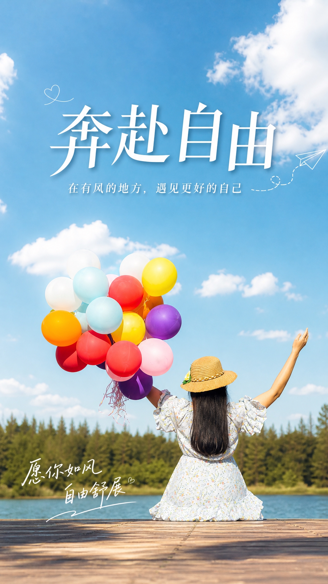 基于这张手持彩色气球的少女背影风景图，制作一张清新治愈系海报。… - 图片创意预览