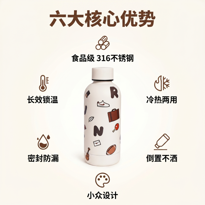 [主图-2] 保温杯核心卖点展示图，可爱治愈风。
[氛围风格] 干净清新，轻松治愈；
[画质] 商业摄影质感、光线柔和通透、产品清晰真实、画面干净高级，超高清。
[元素] 高颜值米白色保温杯放置画面中预览效果