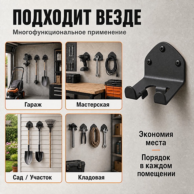 将图中所有橙色的墙上工具挂架产品全部替换为哑光黑色，包括右侧主产品和四宫格场景小图中的所有挂架产品，保持产品的形状、结构、尺寸、安装孔位、U型挂钩完全不变，只改变颜色为纯哑光黑色。四宫格的橙色边框、文字、图标等UI元素保持原样不变。产品的黑色哑光涂层质感要真实，有细腻的磨砂质感，边缘有轻微高光体现金属立体感。