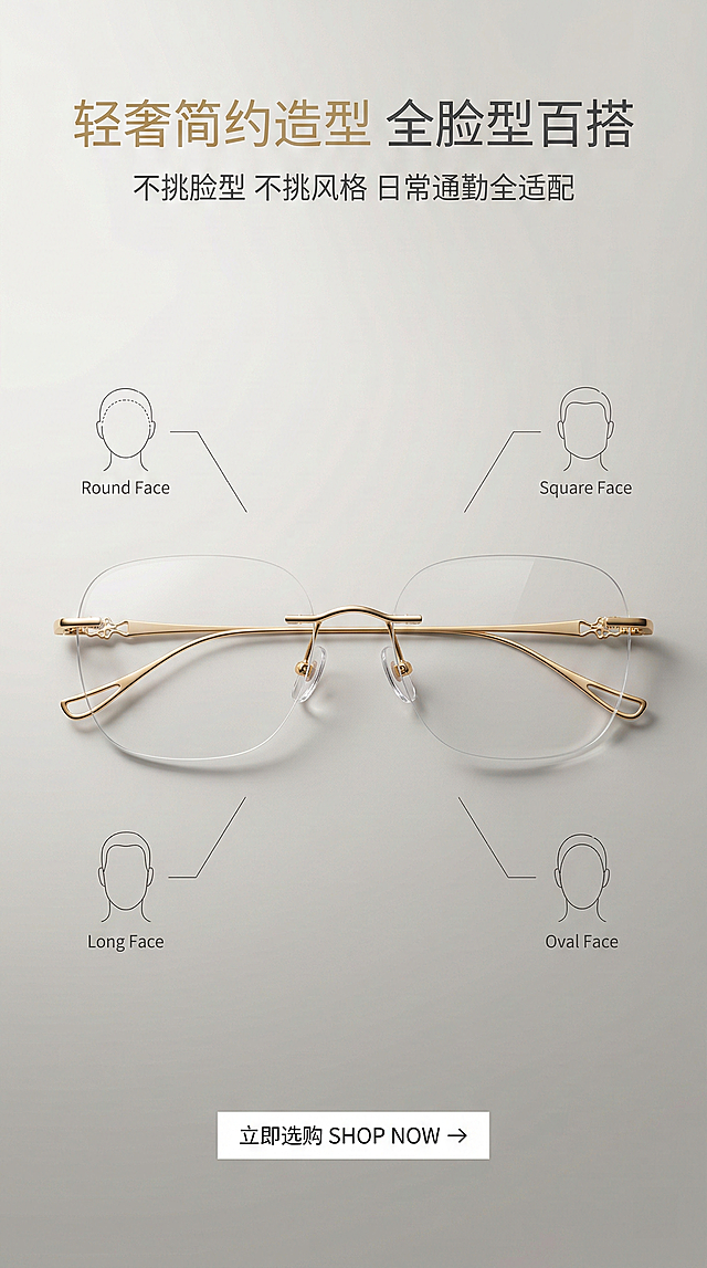 竖版电商海报，极简轻奢杂志风，统一高级通透光影，画面顶部居中放置主标题【"轻奢简约造型 全脸型百搭"】，主标题下方放置副标题【"不挑脸型 不挑风格 日常通勤全适配"】，文字统一采用极简无衬线字体，金色与深灰色搭配，居中精致排版，留白充足；画面中心主体是严格还原上传的无框设计、金色金属镜架、镂空镜尾、透明硅胶鼻托、透明光学镜片的眼镜，保持产品真实材质质感，高光细腻的金属质感、高透光滑的镜片质感、哑光软弹的硅胶鼻托质感；产品周围用极简线条标注圆脸、方脸、长脸、鹅蛋脸的适配示意图，背景为浅暖灰色柔焦渐变背景，柔和侧光突出镜架的精致轻奢质感，画面底部居中放置CTA按钮，按钮文字为 "立即选购 SHOP NOW →"，整体画面干净高级，卖点清晰直观，8K超高清，细节拉满。避免模糊、低分辨率、产品变形、配色错乱、结构改变、杂乱人物、文字模糊、光影杂乱、材质失真、画面拥挤、多余装饰