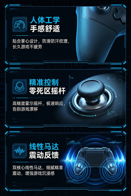 游戏手柄详情页核心卖点板块，科技风，三大卖点分区块展示：第一区块“人体工学 手感舒适”，配握把纹理细节；第二区块“精准控制 零死区摇杆”，配摇杆特写；第三区块“线性马达 震动反馈”，配震动波纹可视化效预览效果