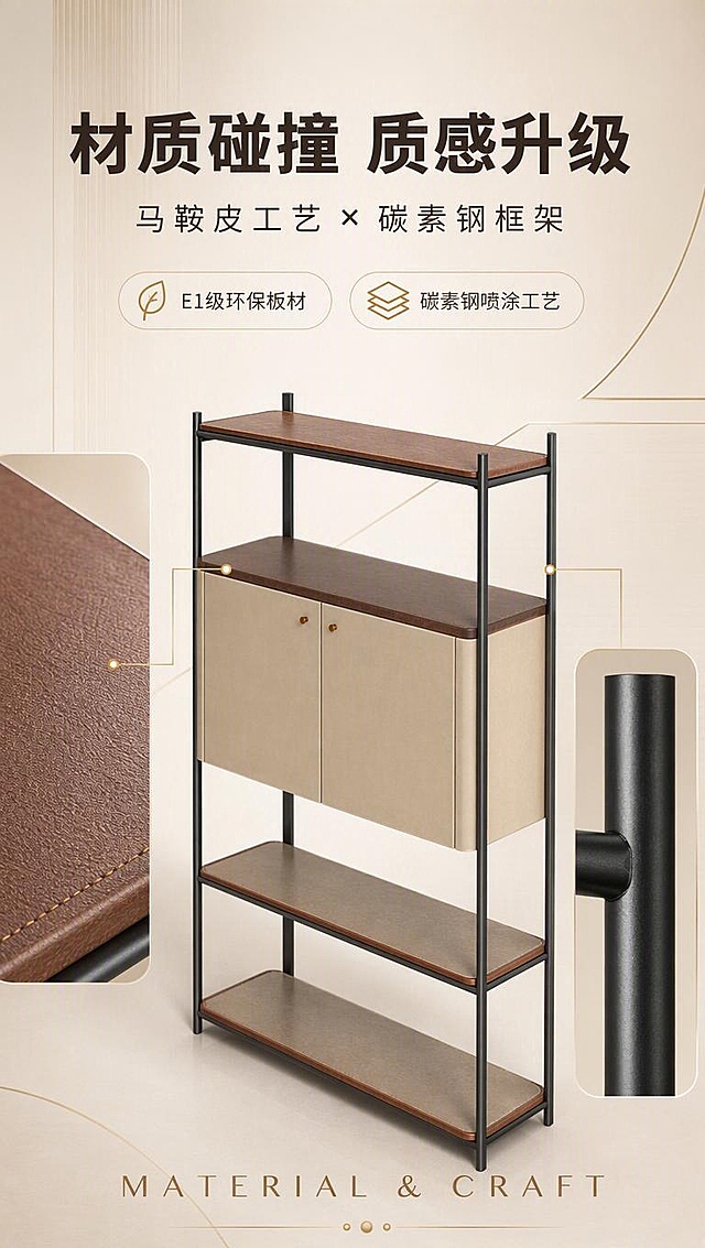 [商品] 使用【图1】DS-8818层架；保留整体结构：上下开放式层板+中间双开门储物区、碳素钢黑色竖杆框架、浅米色马鞍皮柜门、深棕色台面层板、圆形铜色小拉手；保留产品比例、颜色、材质和部件，不改变结构与外观。
[画面] 目标：设计美学叙事，传递材质混搭高级感。上文下景版式，顶部约1/4文案区，下方大画面展示层架局部特写+材质拼贴；产品占画面约60%，聚焦台面马鞍皮纹理与碳素钢框架交接处的细节，左侧台面微距展示马鞍皮细腻纹理，右侧碳素钢杆特写，中间层架主体45度角呈现，背景为浅米色渐变+几何线条装饰，营造高级设计感。
[视觉] 套系策略：风格=现代轻奢亮调商业摄影；标题字=现代无衬线粗体（思源黑体Heavy）；正文字=简洁无衬线体（思源黑体Regular）；主色=暖米白+浅咖棕；背景延展=基于暖米白做深浅层级、同色渐变和细腻哑光质感；强调色=古铜金，仅用于小面积图标、引线、标签和装饰线条；标题色=深炭棕；正文色=中暖灰；组件=圆角浅底信息卡、细线引线、金色点缀图标；光影=右前侧暖柔光，明亮通透，阴影柔和。
[文字] 顶部文案区：主标题「材质碰撞 质感升级」（8字），副标题「马鞍皮工艺 × 碳素钢框架」（12字）；下方配2个材质标签：「E1级环保板材」「碳素钢喷涂工艺」，金色引线指向对应材质部位；底部英文装饰字「MATERIAL & CRAFT」。
[规格] 淘宝/天猫详情页，单屏比例9:16竖版，分辨率4K，中文简体；避免变形、错字、文字过小、冷蓝灰背景、产品颜色改变、结构失真、极限词。