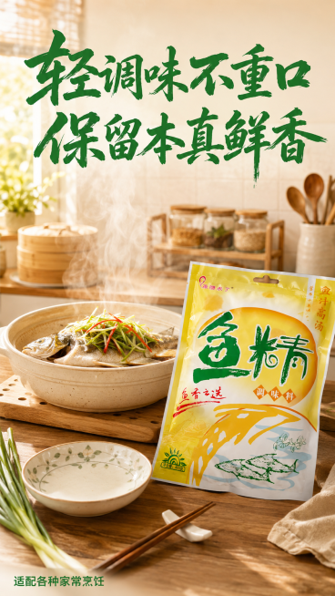 [第6屏] 轻调味保留本真日常烹饪场景展示。
[氛围/风格] 温馨家庭厨房场景，真实烹饪氛围，暖调柔和自然光，烟火气十足。
[元素布局] 背景为整洁的中式厨房台面，台面上摆放一锅刚做好的清蒸鱼，蒸汽缓预览效果