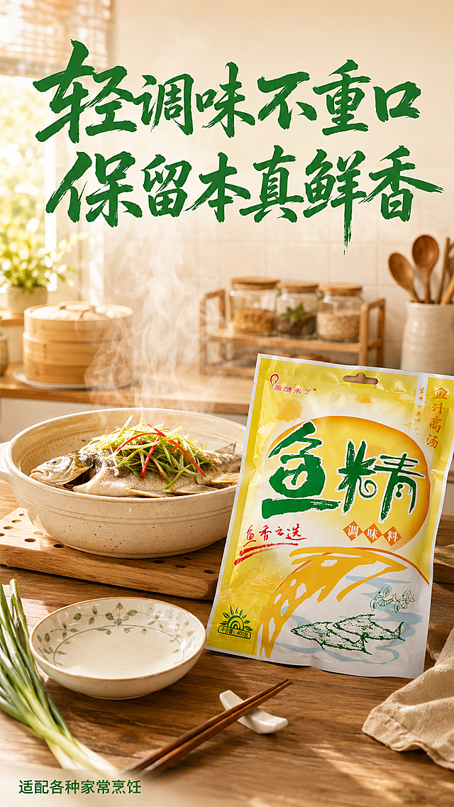 [第6屏] 轻调味保留本真日常烹饪场景展示。
[氛围/风格] 温馨家庭厨房场景，真实烹饪氛围，暖调柔和自然光，烟火气十足。
[元素布局] 背景为整洁的中式厨房台面，台面上摆放一锅刚做好的清蒸鱼，蒸汽缓缓升起，香气十足。产品包装袋斜放在锅旁，保持包装袋上所有文字及图形信息细节与输入产品图完全一致，不做任何修改。前景加入干净的瓷盘和餐具，左侧点缀几株香葱提色，整体三层视觉层次，产品占画面30%左右，不抢场景风头但清晰可见。
[光影质感] 暖调自然光从窗户射入，蒸汽有朦胧光影效果，整体温暖柔和，烟火气浓郁。
[配色色系] 全局底色：#FFF9F0（暖米黄）；主体配色：#F9E076+#3A7D34+#FFFFFF；辅助色：#3A7D34+#D9534F。复用首屏配色。
[视角构图] 平视场景视角，景深适中，近景餐具、中景锅和产品、背景厨房，层次丰富。
[文字版式] 顶部大标题"轻调味不重口 保留本真鲜香"，标题字形提取自包装书法风格，全套复用，字色统一使用深绿色#3A7D34，纯色填充，全套沿用此字色和字效。左下角深绿色小字标注"适配各种家常烹饪"。字形遵循：标题书法风格，正文同家族字体，字色仅深绿一种，纯色填充，和首屏保持一致。
[比例分辨率] 9:16 竖版比例，宽度1080px，高度1920px，分辨率2K，文字清晰可辨，超高清。
[负向提示词] 产品包装变形，文字错乱，改变原有包装文字图形，水印，产品图模糊，背景杂乱，错别字