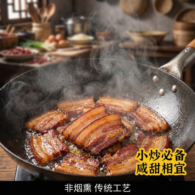 这张图片是产品主体这款产品是广式腊肉 我需要设计20张主图在拼多多上面售卖    主图场景布局可以用厨房 炒腊肉 腊肉细节等设计一个高级有食欲一些主图文案内容 正宗广式腊肉 厂家直销 新鲜现货 咸甜相预览效果