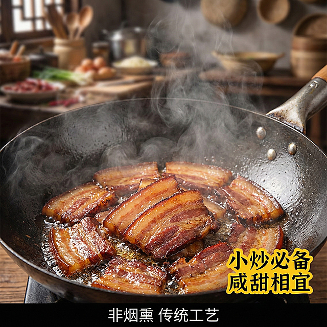 这张图片是产品主体这款产品是广式腊肉 我需要设计20张主图在拼多多上面售卖    主图场景布局可以用厨房 炒腊肉 腊肉细节等设计一个高级有食欲一些主图文案内容 正宗广式腊肉 厂家直销 新鲜现货 咸甜相宜带酒香  腊味煲仔饭 小炒 蒸饭 外卖 非烟熏 广式去皮腊肉 糖酒风味 食堂餐厅批发  肥瘦相间 传统工艺 正规新鲜  嚼有回香 口感爽脆         甄选合格猪肉，严格选材 无尘风干 黄金肥瘦比例  肉香浓郁