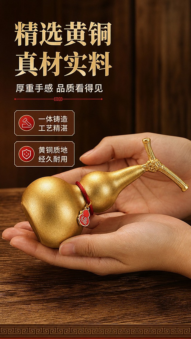 [商品] 使用【图2】龙首衔福铜葫芦；保留葫芦造型、龙首枝蔓、红绳福牌、哑光金色黄铜材质；增强黄铜金属颗粒肌理与厚重质感，保留手持展示比例。
[画面] 页面目标：展示精选黄铜真材实料卖点；构图左文右图，产品占画面55%，手持横置展示角度，景别为中近景；阅读动线从左上到右下，前景木质纹理台面、中景双手托举铜葫芦、后景深棕色实木背景；突出黄铜沉甸甸的手感与金属光泽。
[视觉] 套系策略：风格=新中式国风高级商业静物摄影；标题字=宋体粗体（思源宋体 Heavy）；正文字=现代无衬线中黑体（思源黑体）；主色=暖金棕；背景延展=基于暖金棕做深浅层级、同色渐变和细腻木纹/金属质感；强调色=中国红，仅用于小面积图标、引线、福牌和标签；标题色=深棕金；正文色=暖深灰；组件=圆角金边信息卡、细线引线、中式回纹装饰条；光影=左前侧45度暖柔光，右侧补光，底部柔和投影。
[文字] 左上主标题「精选黄铜 真材实料」，副标题「厚重手感 品质看得见」，下方配2个短卖点「一体铸造 工艺精湛」「黄铜质地 经久耐用」，文字区不遮挡葫芦主体与手部。
[规格] 图片比例9:16竖版，4K分辨率，京东平台适配；避免变形、错字、文字过小、冷蓝/冷灰背景、材质变色、结构失真、极限词。