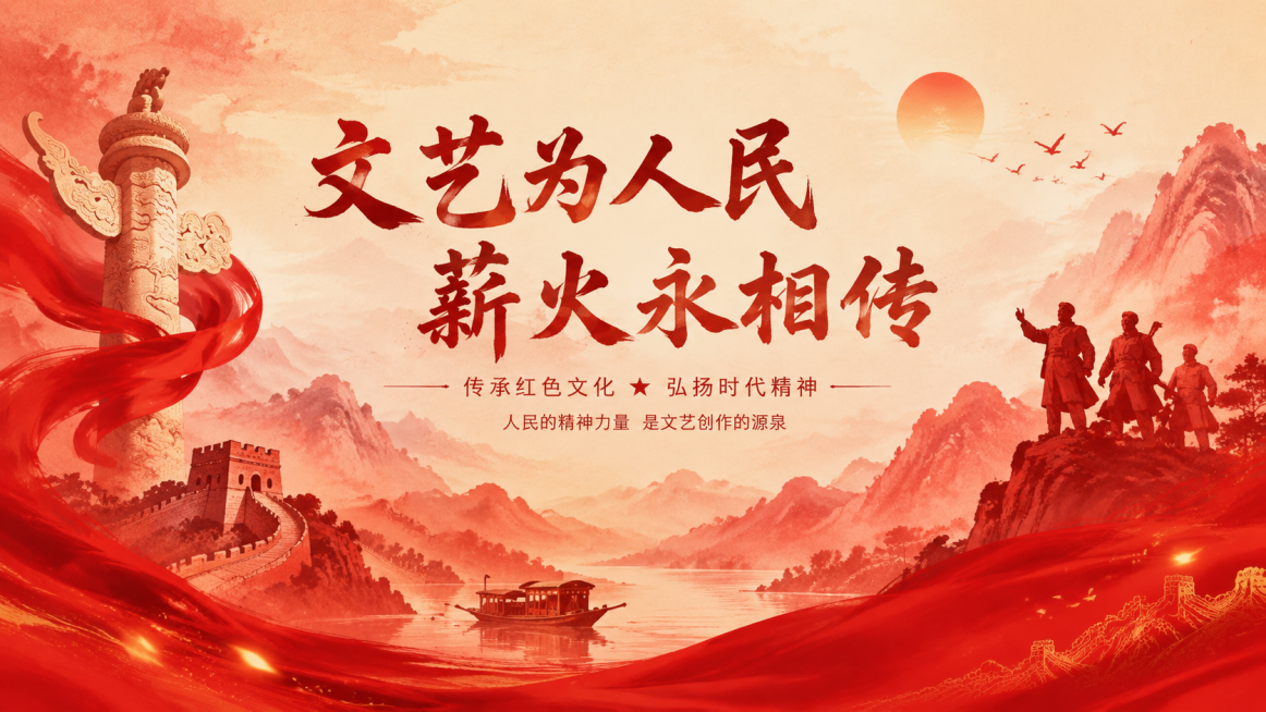 红色文化主题背景，包含中国传统红色文化元素，水墨红色的壮丽山河，温暖大气的文艺氛围，符合'文艺为人民 薪火永相传'的红色主题预览效果