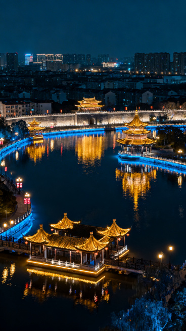 南通文旅景观，濠河风景区，碧水环绕古城，两岸亭台楼阁，夜景灯火璀璨预览效果