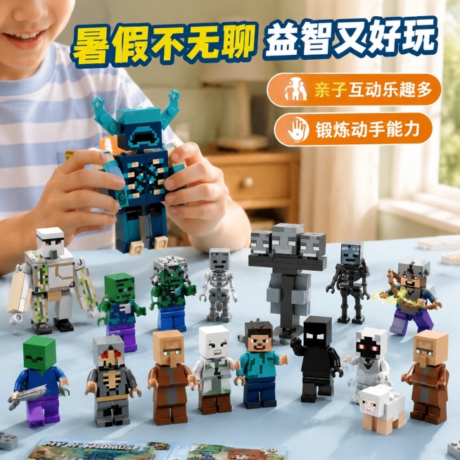[主图-4]我的世界公仔暑假陪伴使用场景图。保持公仔外观（物理结构、材质质感、颜色）与输入产品图绝对一致，杜绝任何变形和色差，精细化处理。氛围风格：温馨生活化，真实使用氛围感；画质：商业摄影质感、光线预览效果