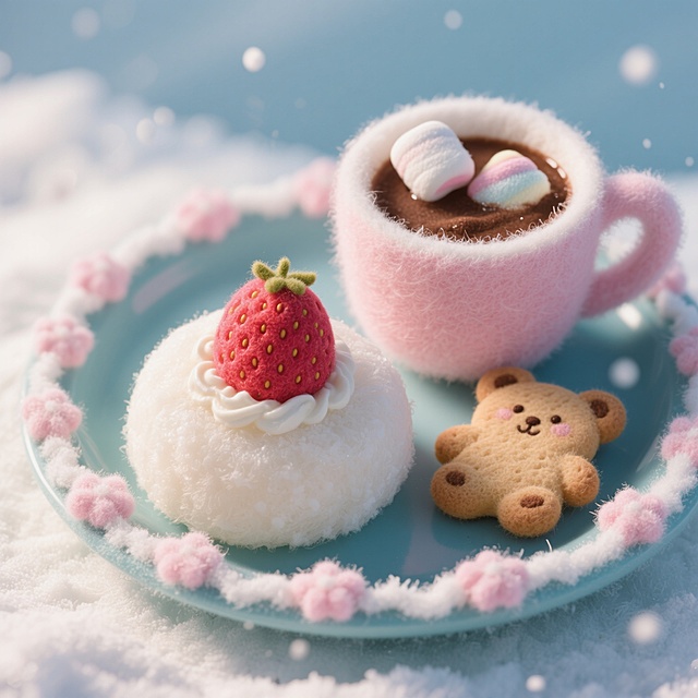 软3D毛绒质感甜点，梦幻粉色系搭配可爱小熊饼干与草莓奶油蛋糕，营造温馨冬日甜蜜氛围。