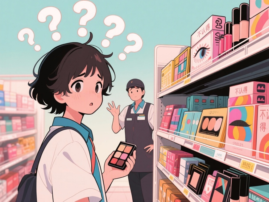 生成搞笑漫画风格图片，人物手持陌生品牌商品站在一排排的超市货架面前，面露困惑，头顶问号，手拿一个化妆品，对服务员说“不认得”气泡，商品是一盒彩妆眼影，，尺寸760x570像素。预览效果