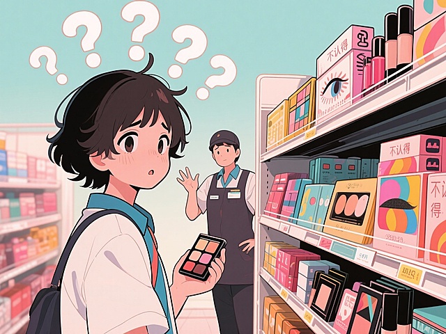 生成搞笑漫画风格图片，人物手持陌生品牌商品站在一排排的超市货架面前，面露困惑，头顶问号，手拿一个化妆品，对服务员说“不认得”气泡，商品是一盒彩妆眼影，，尺寸760x570像素。