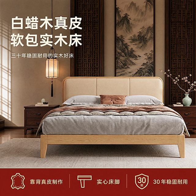 [单张主图] 白蜡木真皮软包实木床，高级氛围感主图，展示产品在国潮新中式卧室中的质感。
[画面主体] 保持实木床的角度、款式、外观结构、材质颜色与输入产品图完全一致，杜绝任何变形和色差，精细化处理。床作为主体，完整居中展示，占画面约60%。
[构图版式] 采用真实使用场景型版式，产品居中偏下，下方放3个轻图标卖点，主副文案放在左侧自然留白处，不遮挡床主体。
[场景元素] 更换为新中式国潮装修风格卧室背景，包含：新中式深雕实木屏风、浅灰色亚麻地毯、深胡桃木双床头柜、左侧木质宣纸吊灯、右侧青瓷花瓶插干支梅、背景墙挂水墨山水装饰画，整体空间雅致沉稳，元素丰富但不抢主体。卖点文案放在图片底部，红底金字底框，每个卖点清晰排列。
[文案版式] 左侧大字主标题："白蜡木真皮软包实木床"，细字副文案："三十年稳固耐用的实木好床"。底部红底金字区域三个卖点：靠背真皮制作、实心床脚、30年稳固耐用，文字排列整齐，红底清晰不突兀，金字清晰锐利。三个卖点对应三个浅金小图标点缀。
[光影质感] 自然光从左侧窗户斜射入室，形成柔和暖调光影，木质和真皮材质高光自然，墙面和地毯柔和漫反射，景深中等，背景轻微虚化突出床主体。整体商业摄影质感，产品清晰真实，画面干净高级。
[配色字体] 主色调：原木浅黄、真皮米杏、国潮深棕红；辅助色：水墨灰、青瓷青；强调色：红底金字。字体：主标题粗体无衬线，最大字号；副标题细无衬线，约主标题一半大小；卖点文字清晰中等字号，字重均匀。
[比例分辨率] 1:1比例，4K分辨率，文字清晰可辨，超高清画质。
[负向提示词] 变形，水印，错字，糊字，伪Logo，主体遮挡，背景杂乱，低清晰度，错误结构，改变床角度款式，文字模糊。