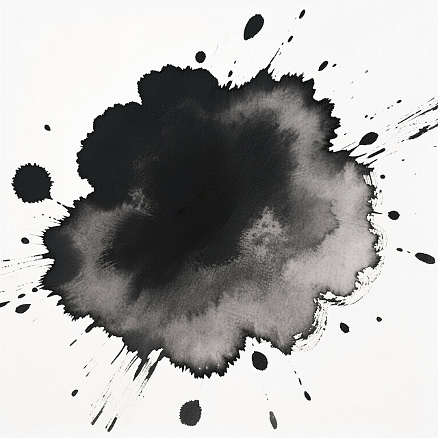 一幅黑白水墨画风格的墨迹素材，画面中央是一大片浓淡不一的黑色墨团，墨色从中心的纯黑逐渐向外晕染过渡为深浅不同的灰色，边缘呈现出自然的扩散效果，墨团周围散布着大小各异、疏密有致的黑色墨点和飞溅状墨痕，整体具有中国传统水墨画特有的晕染质感和灵动的随机性，背景为纯白色，突出墨迹的层次感和水墨韵味。