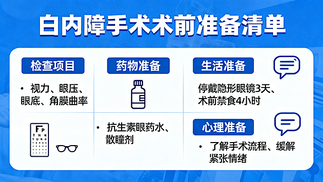 白内障手术术前准备清单图文海报，清晰列出准备事项，医疗科普风格，简约清晰设计