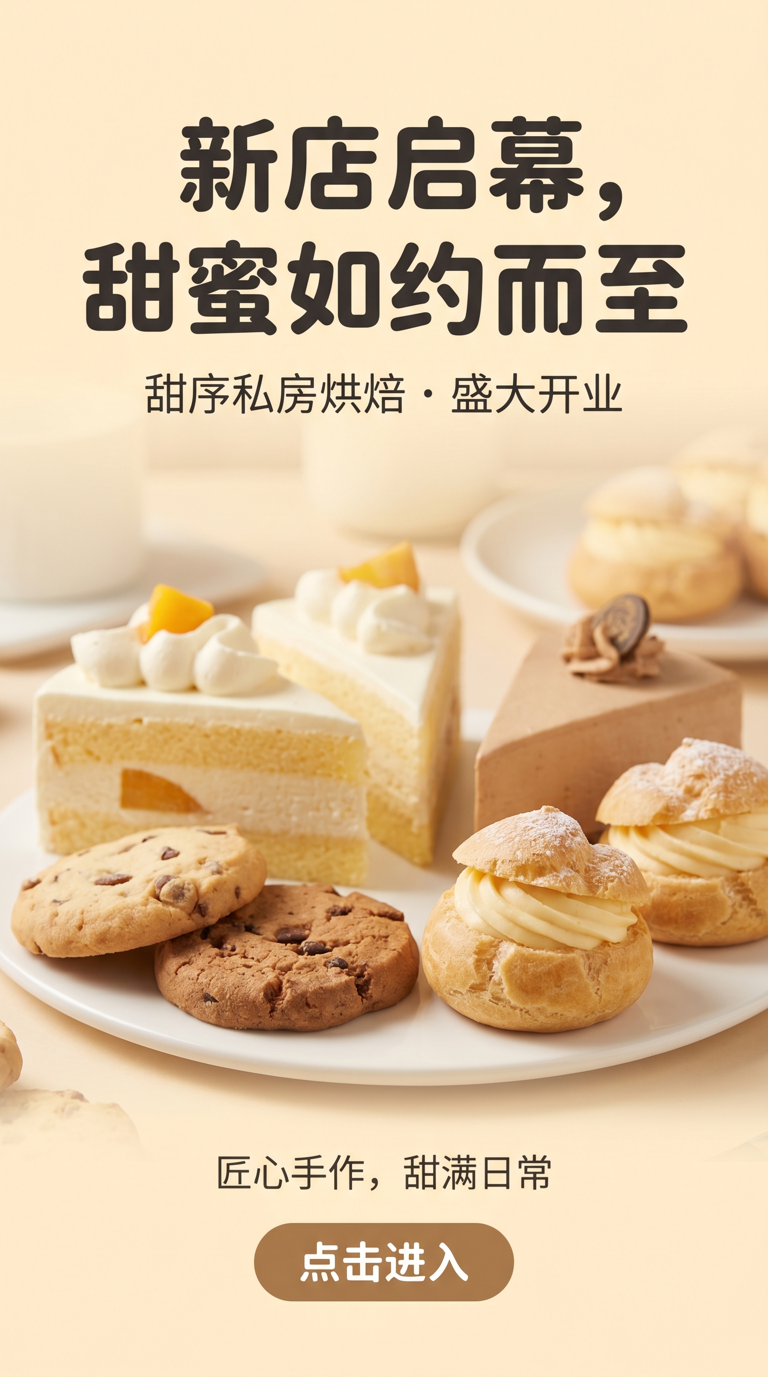 私房烘焙开业H5封面页，整体温馨奶油风，主色奶油黄#F9EBD… - 图片创意预览