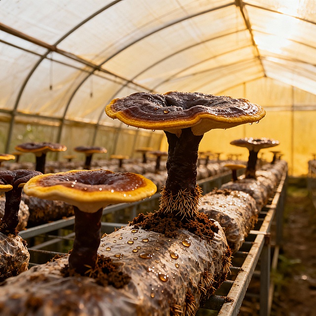 温室大棚内有机种植灵芝场景