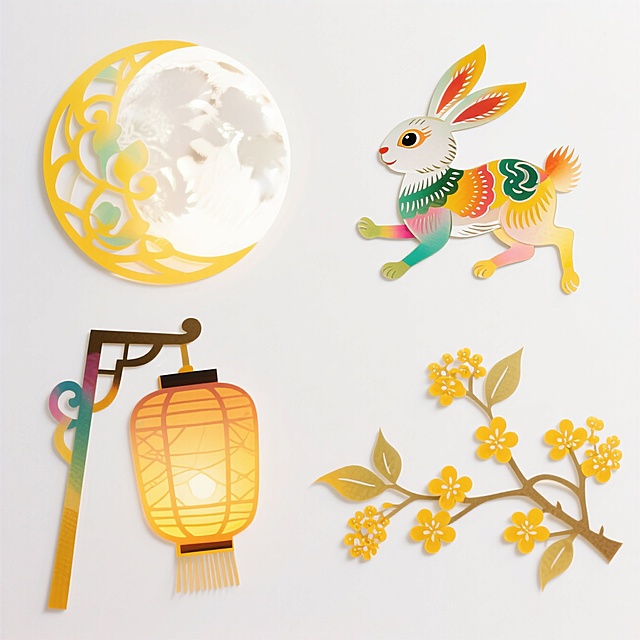 明亮鲜艳配色的素材（2X2规整排布）：圆月、玉兔、灯笼、桂花。纯白色背景