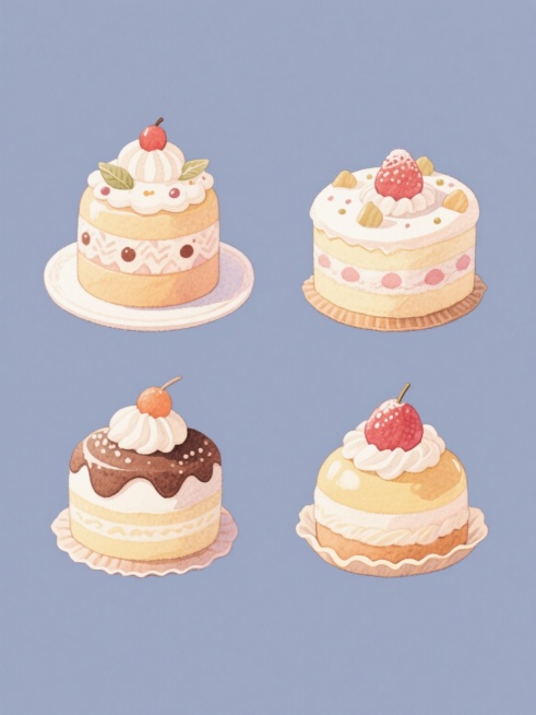 一组四个不同甜点的插画，每个甜点都有独特的造型和装饰，采用统一的水彩风格，色彩柔和，光影细腻，构图饱满，细节丰富，纯色背景，整体色彩协调统一，四个甜点规整排布在同一画面中，形成系列感。预览效果