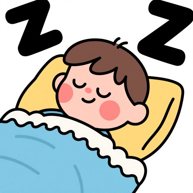 一个可爱的小男孩熟睡的卡通形象，他有着棕色的短发，脸颊带着红晕，双眼紧闭，嘴角微微上扬，正舒适地躺在黄色的枕头上，身上盖着一床柔软的蓝色被子，被子边缘有白色的波浪形花纹，头顶上方有两个黑色的“Z”字形睡眠符号，整个画面采用简约的扁平化设计风格，线条流畅圆润，色彩清新明快，背景为纯白色，营造出宁静温馨的睡眠氛围。预览效果