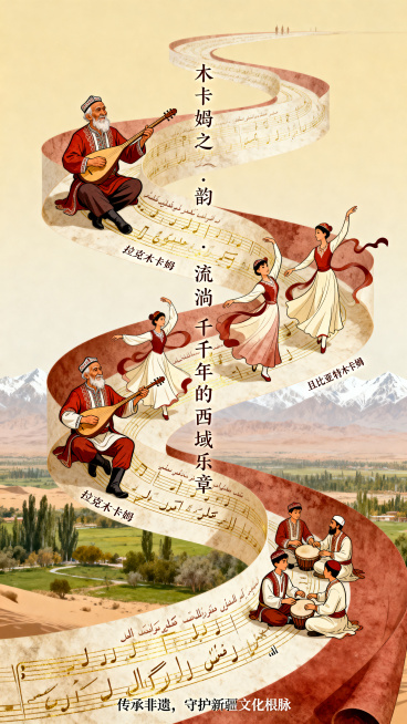 比赛级公益海报，竖版构图，8K超清，暖米黄到赭石的渐变色调，带有宣纸晕染的肌理感，整体呈现国风插画质感。画面主体是一条螺旋上升的、由十二木卡姆曲谱与传统维吾尔文书法构成的流动长卷，长卷的曲谱线条以金色预览效果