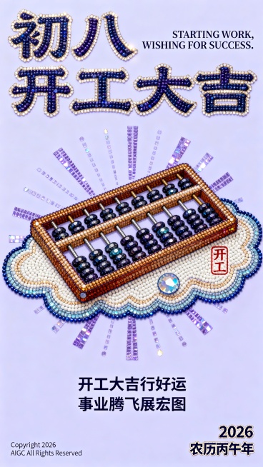 画面顶部巨大的复古楷书中文标题 “初八 开工大吉”，初八旁穿插微小的无衬线英文说明文字：“STARTING WORK, WISHING FOR SUCCESS.”。画面的中心是主体算盘（旁边印有印章预览效果