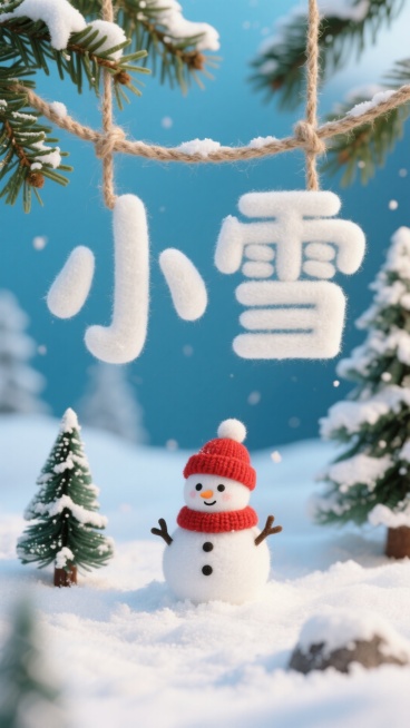 画面中央为白色毛毡质感的 “小雪” 立体字（通过麻绳悬挂于松枝间），下方雪地场景中有一个戴红色针织帽的萌系雪人、积雪松树，冬日氛围预览效果