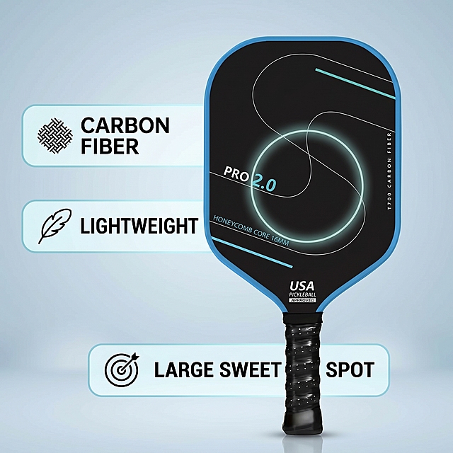 [Main Image 2] Pickleball Paddle key selling points features display. The original paddle is placed in the center, with core selling points highlighted on the left and right. Keep the paddle appearance 100% consistent with input image. Layout: left side has two highlighted selling points: "Carbon Fiber" "Lightweight", right side has large image of the paddle, bottom area highlights "Large Sweet Spot" with a faint circle marking the sweet spot area on the paddle face. Background is light professional sports gradient, clean and professional, commercial photography texture, 1:1 ratio. Text is all in English, clear and easy to read, professional style, no Chinese. 2K resolution, super high definition. Negative prompt: deformation, watermark, text confusion, blurred product, messy background