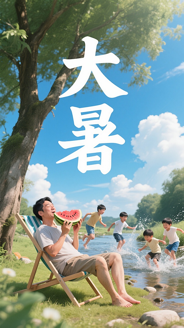 在我心目中，夏天就是吃西瓜、玩水、蓝天白云。这张图展示的就是这种愉快的夏日休闲。